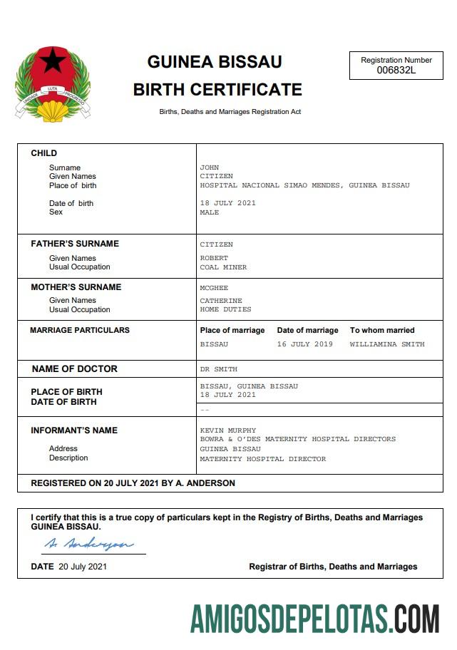 Certidão de Nascimento da Guiné Bissau amostra